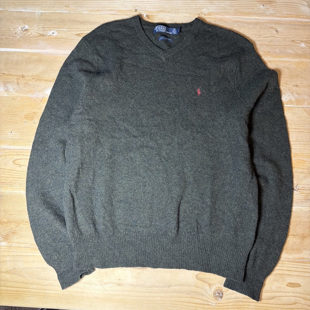 Vintage Polo Ralph Lauren Wool Olive Green Cotton V-neck Sweater Size L Red Pony